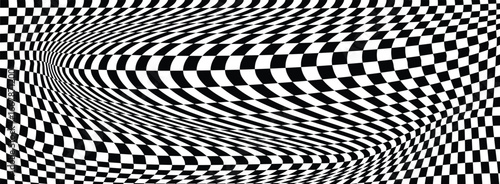 Trippy checkerboard pattern. Retro optical illusion background. Wavy warped chessboard surface. 