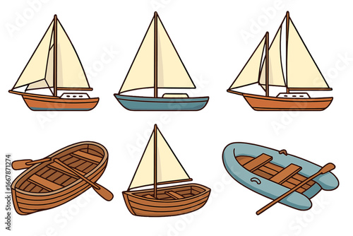 Collection of boat illustrations. Sailboat, schooner, yacht, rowboat, inflatable dinghy. Cartoon vector icons set for marine, nautical, sailing, and travel concepts.