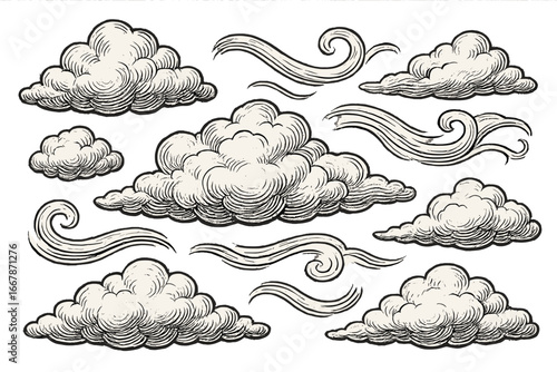 Vintage clouds and wind swirls set in retro engraving style. Hand drawn sky element collection with fluffy cloudscape and air streams. Old woodcut ink sketch vector illustration.