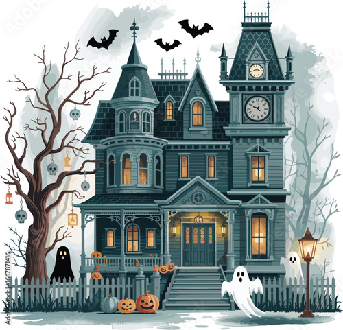 Haunted Victorian mansion illustration, spooky Halloween house, ghosts, bats, pumpkins, eerie tree, vintage horror, haunted night digital artwork
