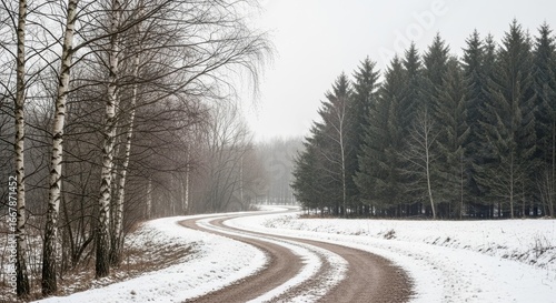 Winding snowy forest road through bare trees and dark pines