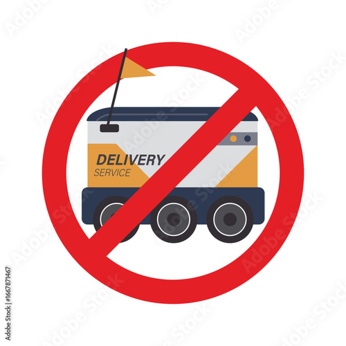 Delivery robot in prohibition sign. Food delivery drone in red circle isolated on white background. Ban drone. Robots delivering food, parcel or post. Stop and ban unmanned car.