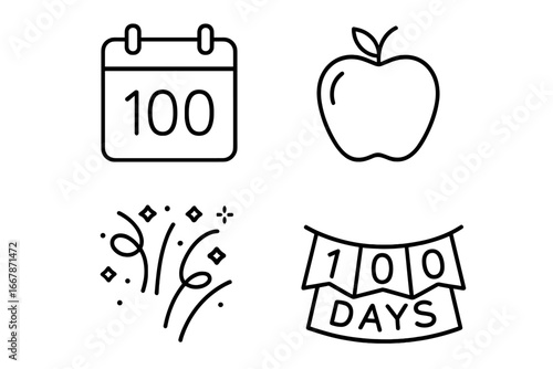 100th Day of School icon set. Line art vector collection for hundredth day celebration. Educational milestone with calendar, apple, confetti, and banner icons for elementary.