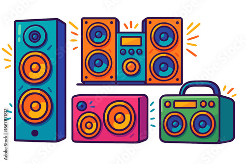 Music speakers vector set. Colorful cartoon audio equipment, sound system, stereo, boombox. Concept for party, festival, dj. Loud sound, bass, volume. Modern flat illustration.