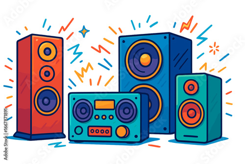 Cartoon audio speakers and sound system vector illustration. Loud music concept for party, festival, event. Colorful stereo equipment, amplifier, subwoofer with dynamic soundwaves.