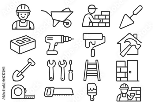 Construction and renovation line icon set. Building industry vector icons. Worker, tools, repair, and home improvement symbols. Builder, brick, hammer, drill, saw, ladder.