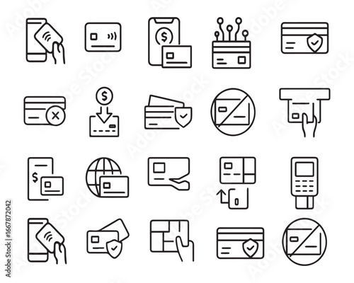 Set of outline icons related to credit card. Linear icon collection