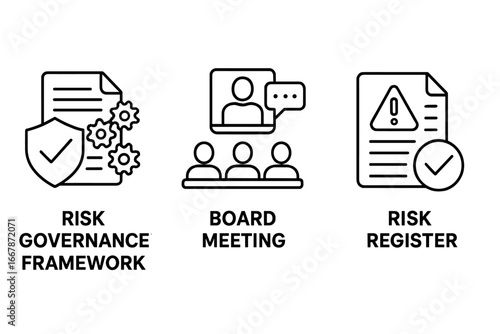 Enterprise risk management icon set. Thin line icons for ERM. Risk governance framework, board meeting, and corporate risk register. Business process and compliance vector.