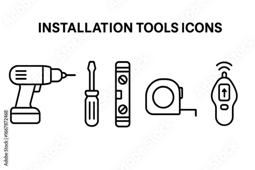 Installation tools icon set. Outline vector illustration. Power drill, screwdriver, spirit level, measuring tape, stud finder. Concept of construction, DIY, home repair, work.