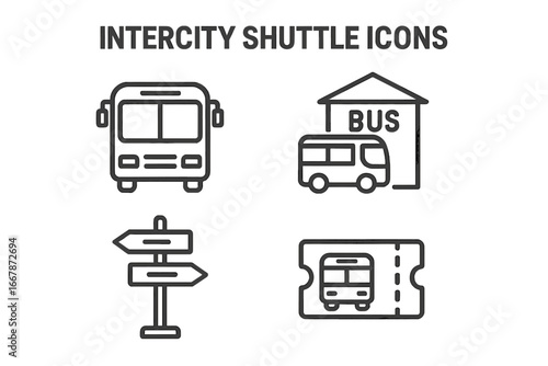 Intercity shuttle bus icon set. Public transport simple outline symbols. Coach, bus terminal, route signpost, and travel ticket vector graphics for web and mobile design.