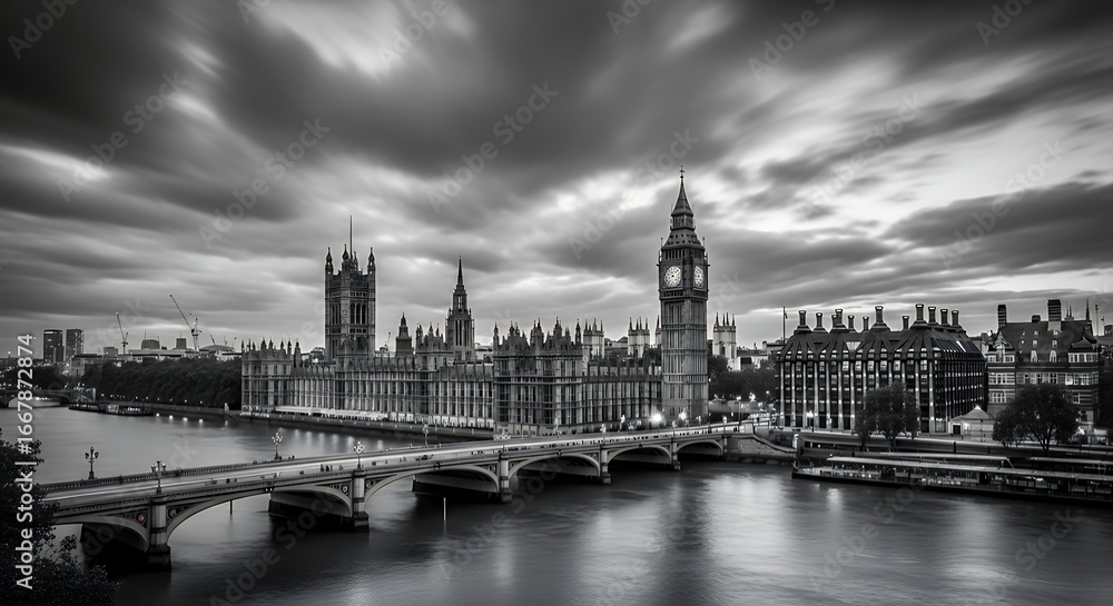Naklejka premium Big Ben and Houses of Parliament by River Thames in London, UK, with a black and white long exposure creating smooth water and streaky clouds.