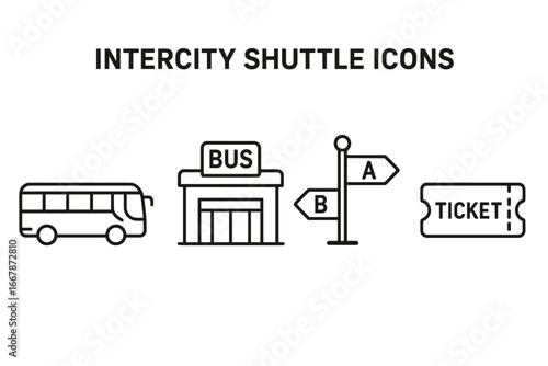Intercity shuttle transportation icon set. Coach bus, terminal, route signpost, ticket icons. Public transport concept. Vector outline symbols for travel, journey, logistics.