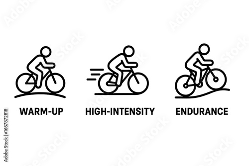 Cycling workout phases icon set. Bicycle training program icons. Warm-up, high-intensity sprint, endurance climb. Cyclist exercise concept. Sport fitness vector symbols.