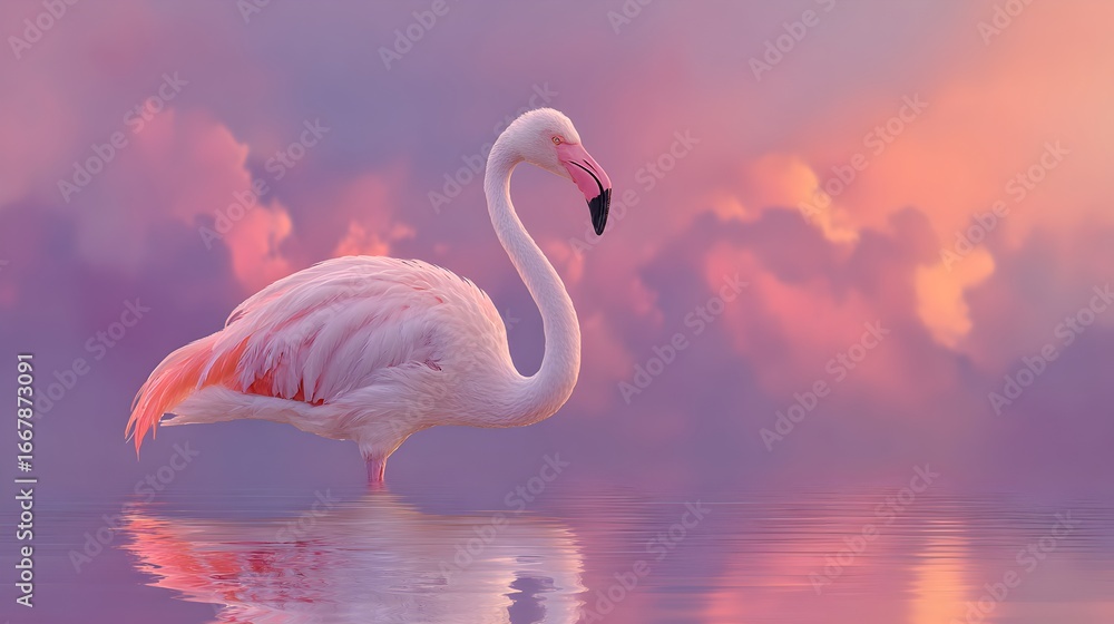 Naklejka premium A beautiful flamingo stands gracefully in shallow water against a stunning purple and orange sunset sky.