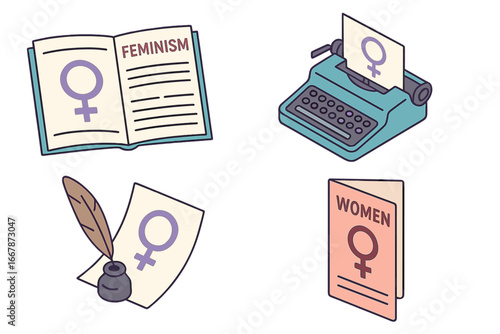Feminist icon set. Isometric icons of feminist literature, typewriter, quill pen. Vector illustration for women's rights, gender equality, female empowerment, activism, and history.