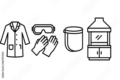 Lab safety icon set. Personal protective equipment, PPE line icons. Lab coat, safety goggles, nitrile gloves, face shield, fume hood. Science, research, chemistry vector.