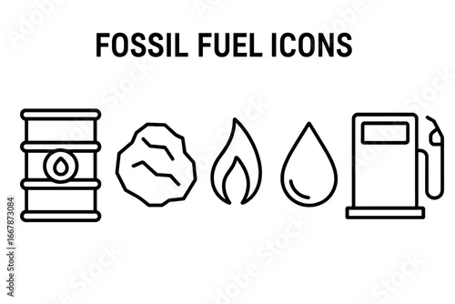 Fossil fuel line icon collection. Outline vector set with crude oil barrel, coal, natural gas flame, petroleum droplet, diesel fuel pump. Energy and power industry concept.