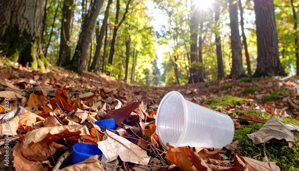Fototapeta premium Plastic Cup and Bottle Caps Litter Forest Floor