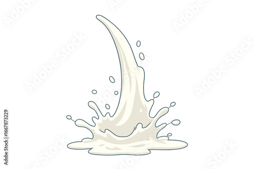 Milk splash and drops vector cartoon illustration. White liquid, fresh dairy cream pouring. Natural healthy food or drink concept. Dynamic beverage motion isolated on background.
