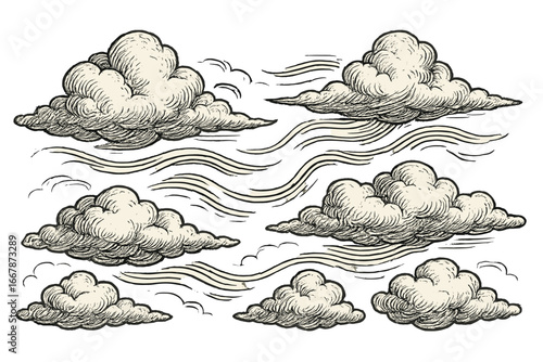 Vintage clouds engraving set. Retro sky with hand-drawn cloudscape and wind. Black ink sketch of fluffy weather elements. Old woodcut style vector illustration for design.