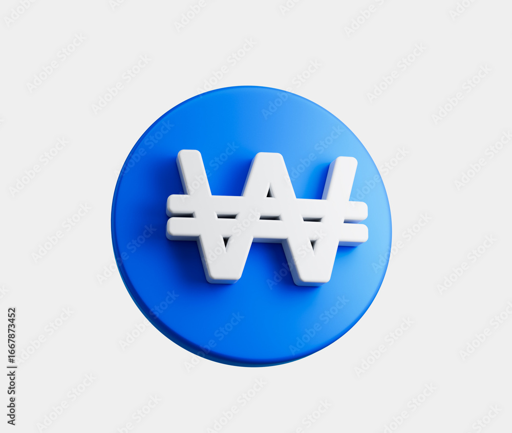 Obraz premium 3D Blue coin with a white Won symbol, representing Korean currency and finance, 3d illustration