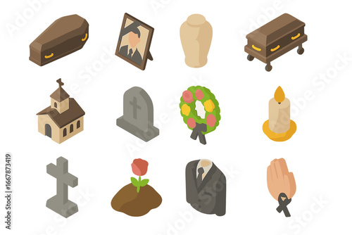 Funeral memorial isometric icons set. Death and remembrance ceremony symbols. 3D vector graphics for burial, grief, mourning. Coffin, urn, gravestone, wreath, cross, grave.