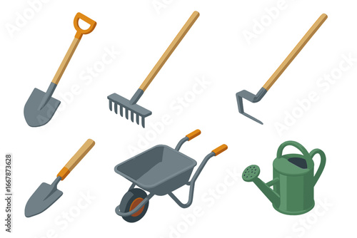 Garden tools icon set. Isometric vector illustration of spade, rake, hoe, trowel, wheelbarrow, watering can. Gardening equipment for farming, agriculture and hobby concept.