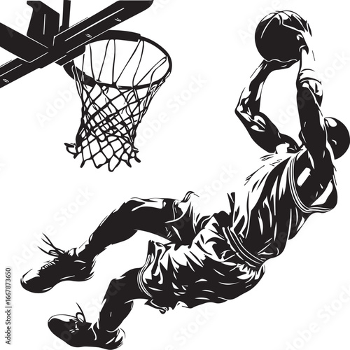 Soaring to Victory: A dynamic illustration captures the intense moment of a basketball player's slam dunk, frozen mid-air in a testament to athletic prowess and passion for the sport. 