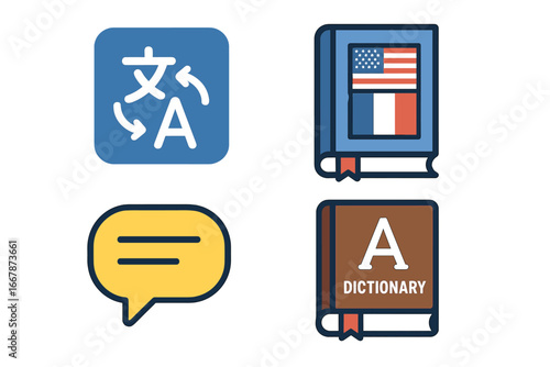 Language tool flat icon set. Translation app, dictionary, and phrasebook symbols. International communication and foreign language learning vector graphic elements collection.