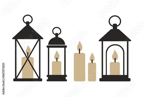 Vector set of decorative vintage lanterns and candles. Cozy home decor elements collection. Icon illustration of candlelight for hygge concept, rustic and warm atmosphere design.