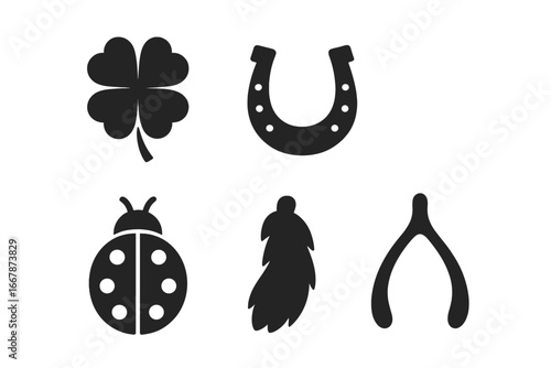 Good luck charms vector icon set. Collection of lucky symbols silhouette. Four-leaf clover, horseshoe, ladybug, rabbit foot, wishbone. Superstition, fortune, amulet, talisman icons.
