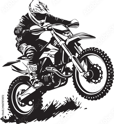 Motorbike Rider in Action: A dynamic black and white depiction of a dirt bike rider, caught mid-air, showcasing the thrill and expertise of motocross.