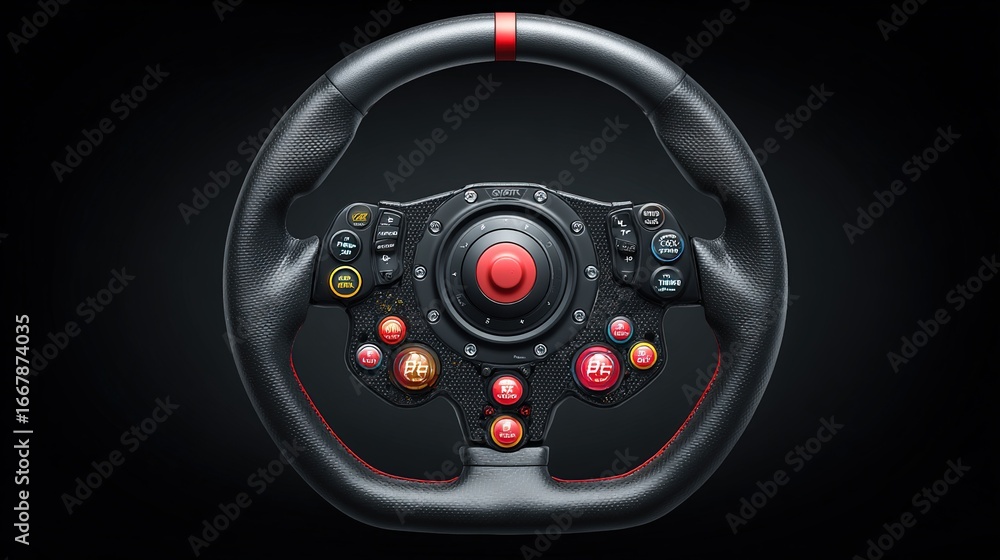 Fototapeta premium Black gaming wheel with controls, red accents, centered view on dark background