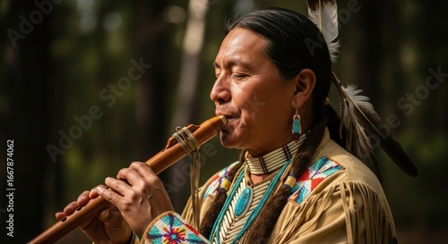 Native American Man Playing Traditional Wooden Flute Outdoors