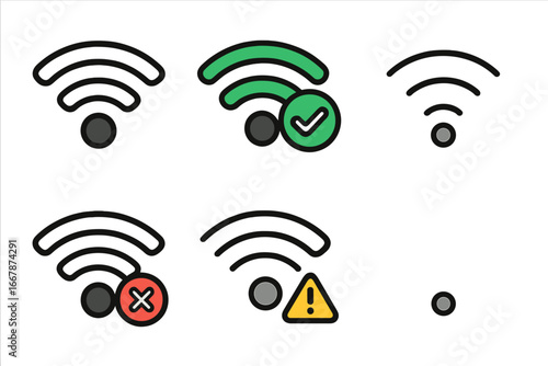 Wi-fi icon set vector illustration. Wireless connection status symbols. Wifi signal strength, connected, error, warning, no signal sign. Network interface design element.
