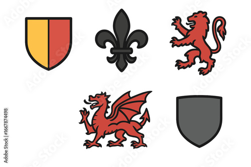 Medieval heraldry icons vector collection. Flat design coat of arms elements. Lion rampant, fleur-de-lis, red dragon & shield symbols. Family crest & royal insignia graphics.