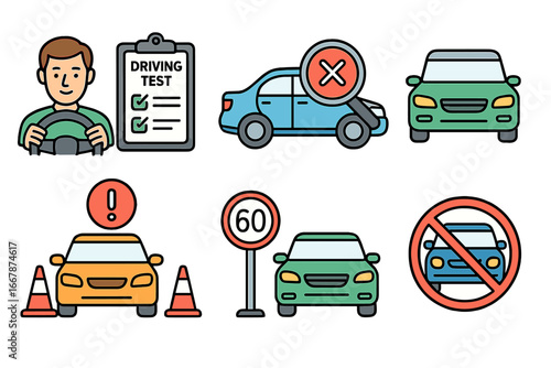 Driving test icon set. Driving school exam, road safety signs, and vehicle assessment symbols. Car inspection, traffic cone maneuver, speed limit, and driver education concepts.