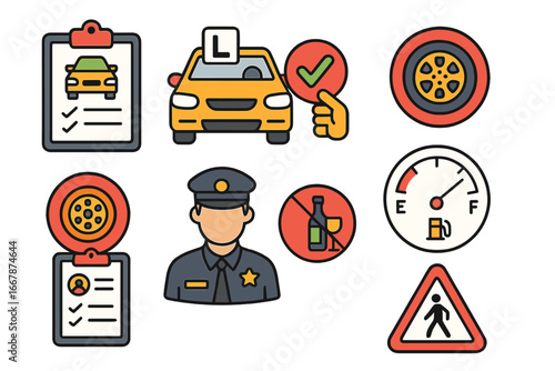 Driving school and car test icon set. Road safety and traffic regulation symbols. Vector collection for vehicle inspection, driver license, and learning to drive. Flat design.
