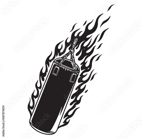 Dynamic black and white illustration of a burning punching bag in a bold flame effect
