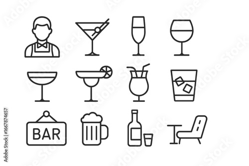 Bar icon set vector. Minimalist line art collection. Bartender, cocktails, beer, wine and lounge elements. Simple outline signs for pub menu, restaurant, or nightclub design.