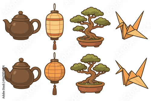 Set of traditional Asian elements. Japanese and Chinese culture icons. Teapot, lantern, bonsai tree, origami crane. Cute cartoon vector illustration for design and decor.