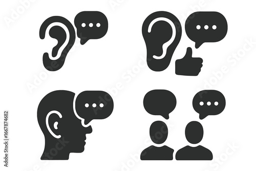 Active listening skills icon set. Communication, dialogue and conversation solid glyph icons. Empathy, understanding, and support symbol. Hearing with ear and speech bubble.