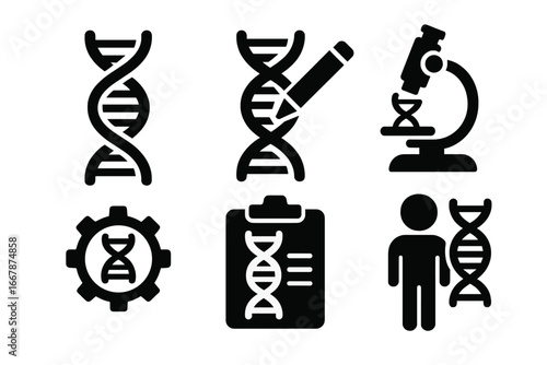 Genetic engineering vector icons. Gene editing, biotechnology, DNA modification solid glyph icon set. Genetics research, genome, heredity, chromosome, CRISPR, science concepts.