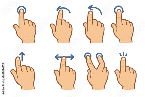 Hand gesture set for touch screen. Finger tap, swipe, drag, scroll, zoom, and rotate actions. Vector icons for UI and UX design. Touchscreen navigation guide illustration.