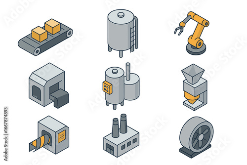Industrial equipment icons set in isometric style. Factory production machinery symbols. Vector collection for manufacturing, automation, robot arm, conveyor and technology.