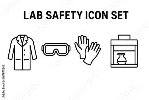 Lab safety icon set. Outline vector icons of laboratory personal protective equipment (PPE). Lab coat, safety goggles, gloves, fume hood. Science research and chemistry concept.