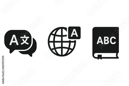 Language learning icon set. Translation and vocabulary symbols. Globe for international communication, speech bubble for chat, book for dictionary. Foreign language school glyphs.