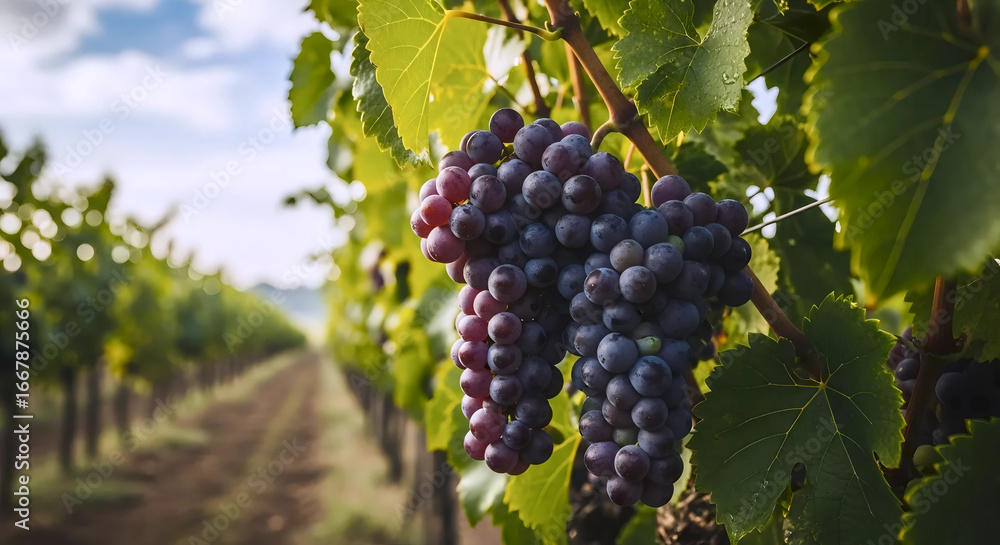 Fototapeta premium Ripe purple grapes hanging on vineyard vine in sunlight for wine production