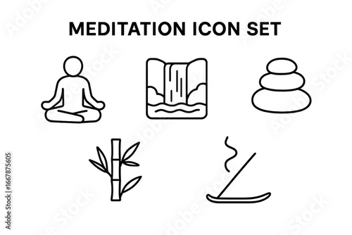 Meditation icon set for wellness and mindfulness. Yoga relaxation concept. Spiritual retreat symbols. Zen garden elements. Lotus pose, waterfall, stones, bamboo, incense.