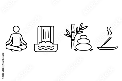 Meditation and relaxation outline icon set. Yoga lotus pose, zen stones, bamboo, incense, and waterfall. Spa, wellness, and mindfulness symbols for a spiritual retreat.